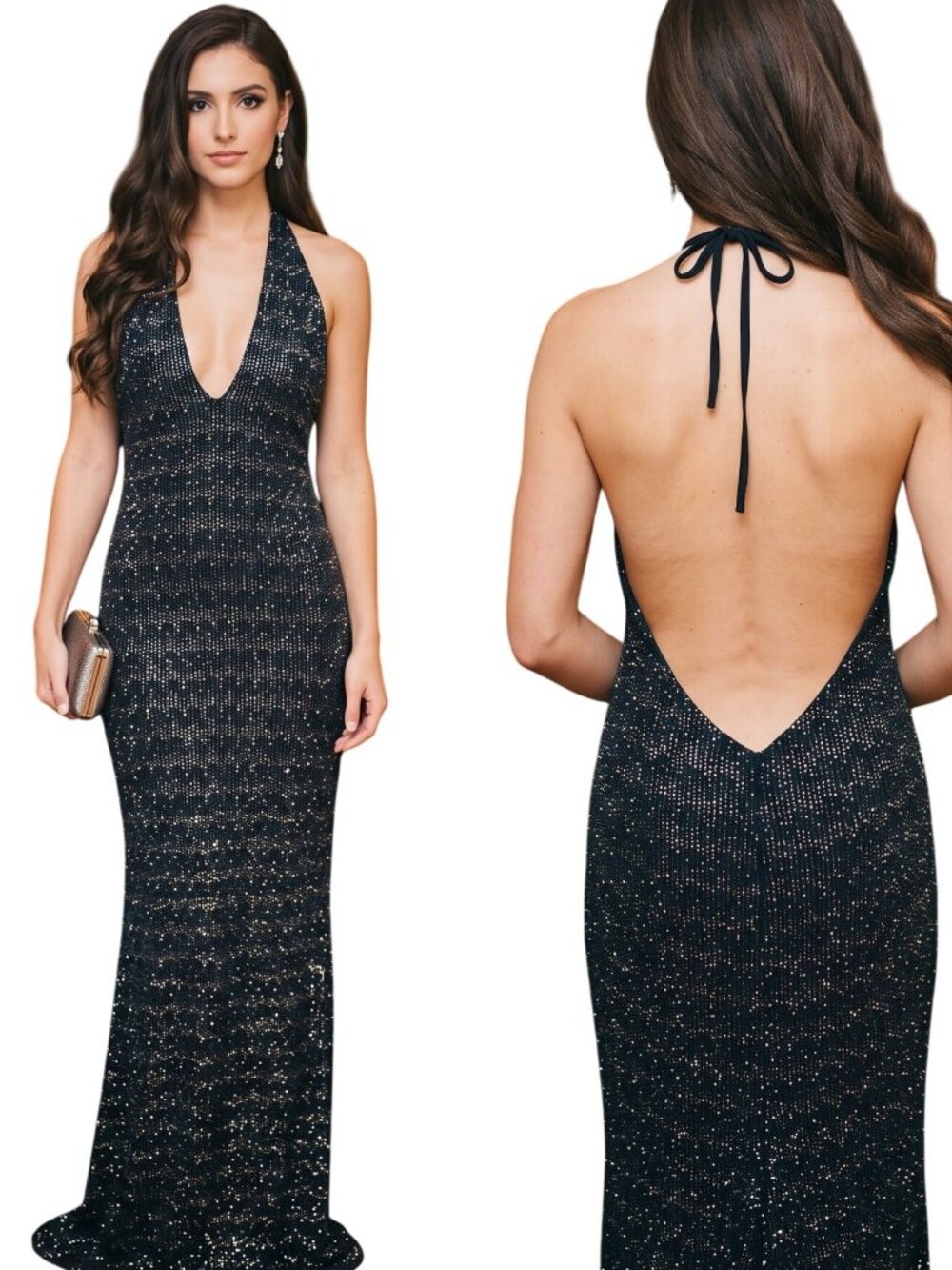 Jessica McClintock Halter Whimsygoth Gown 9 Black Plunge V Sparkly Formal Prom